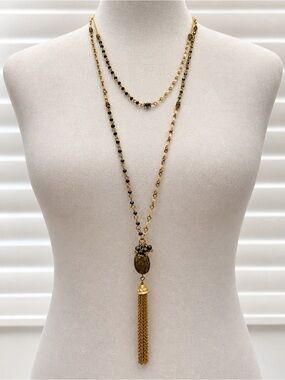 Gold-Tone Black Bead Tassel Double Strand Pendant Necklace - Women